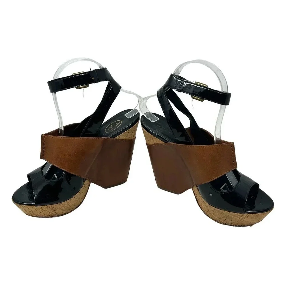 ASH Roma Platform Wedge Heel Sandals Black‎ Patent Cognac Leather Size 38 US 7